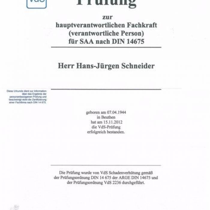 04.01.2013: Prüfung zur hauptverantwortlichen Fachkraft für SAA nach DIN 14675