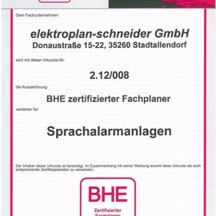 01.11.2013: Urkunde BHE zertifizierter 