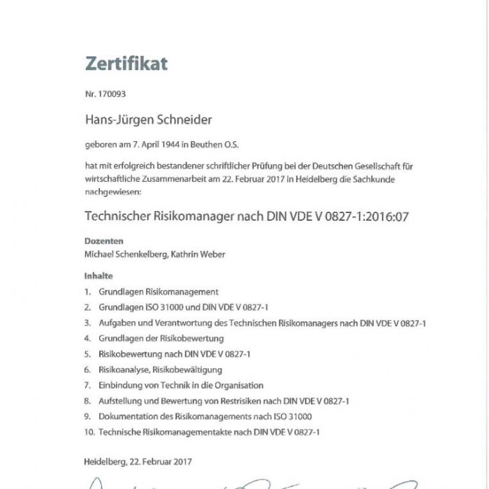 22.02.2017: Zertifikat Technischer Risikomanager nach DIN VDE 