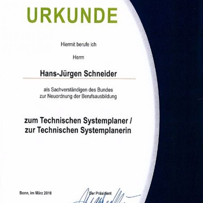 01.03.2010: Urkunde zum Technischen Systemplaner / zur Technischen Systemplanerin