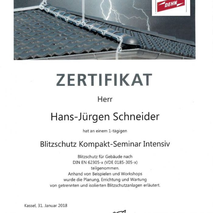 31.01.2018: Zertifikat Blitzschutz Kompakt-Seminar Intensiv