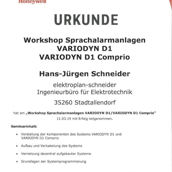 11.03.2019: Urkunde für Teilnahme am Workshop für Sprachalarmanlagen