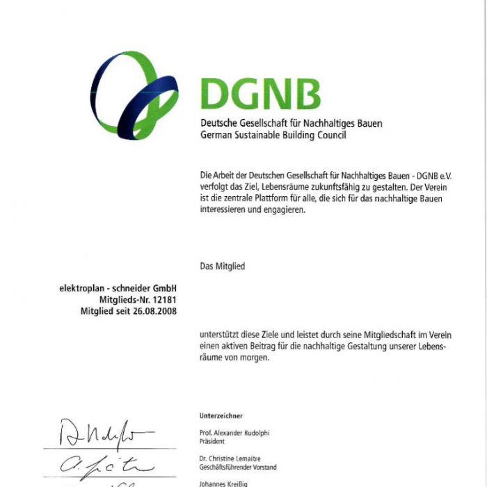 18.06.2019: Mitgliedsurkunde DGNB