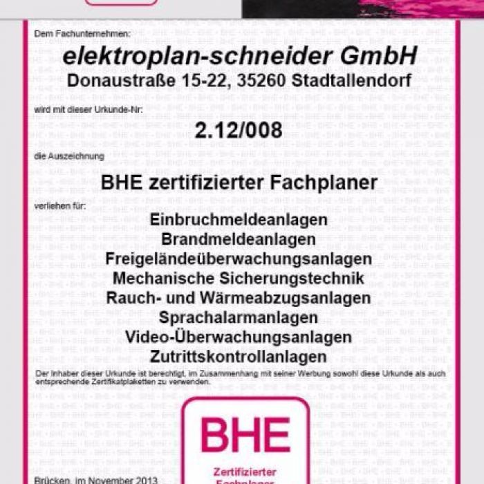 01.11.2013: Zertifizierter Fachplaner für Einbruch-, Brandmelde-, Freigeländeanlagen usw.