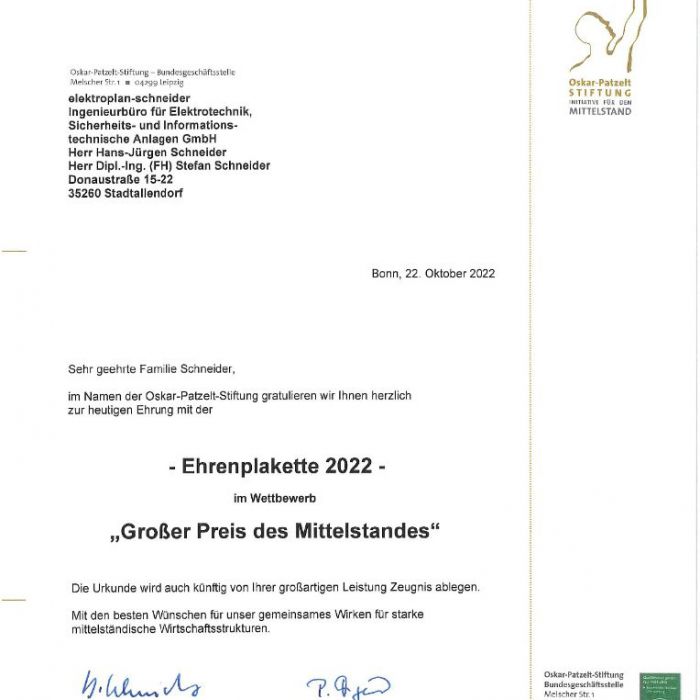 Gratulationsschreiben Ehrenplakette 2022