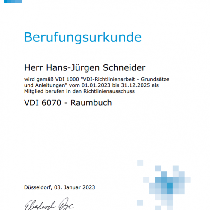 Berufungsurkunde VDI 6070-Raumbuch