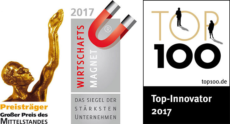 Siegel 'Finalist Großer Preis des Mittelstandes' & 'Wirtschaftsmagnet 2017' & 'Top 100 Innovator'